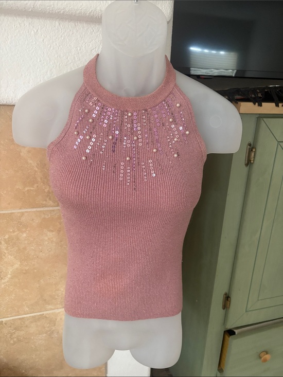 Cache Tops - Cache Pink Embellished Ribbed Halter Tank